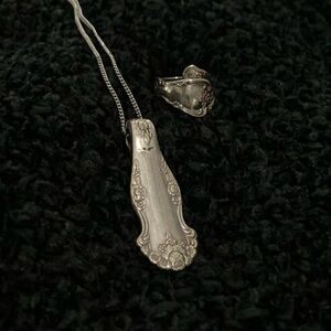 Matching oxidized sterling silver spoon necklace and ring set.